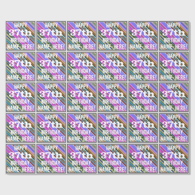 Vibrant, färgstark 37:e födelsedag + anpassat namn presentpapper (Platt)