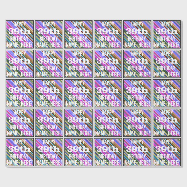 Vibrant, färgstark 39:e födelsedag + anpassat namn presentpapper (Platt)