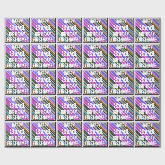 Vibrant, färgstark 3:e födelsedag + anpassat namn presentpapper (Platt)