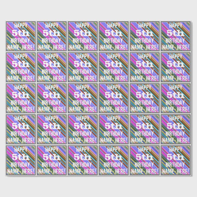 Vibrant, färgstark 5:e födelsedagen + anpassat nam presentpapper (Platt)