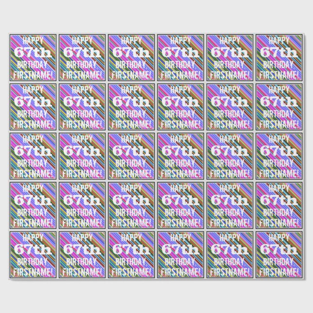 Vibrant, färgstark 67:e födelsedag + anpassat namn presentpapper (Platt)