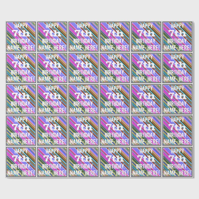 Vibrant, färgstark 7:e-födelsedag + eget namn presentpapper (Platt)