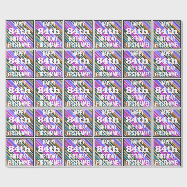 Vibrant, färgstark 84:e födelsedag + anpassat namn presentpapper (Platt)
