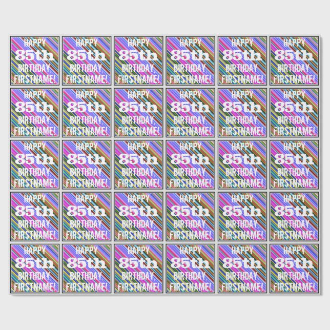 Vibrant, färgstark 85:e födelsedag + anpassat namn presentpapper (Platt)