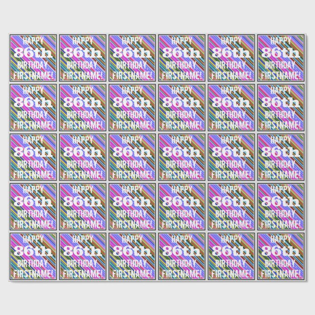 Vibrant, färgstark 86:e födelsedag + anpassat namn presentpapper (Platt)
