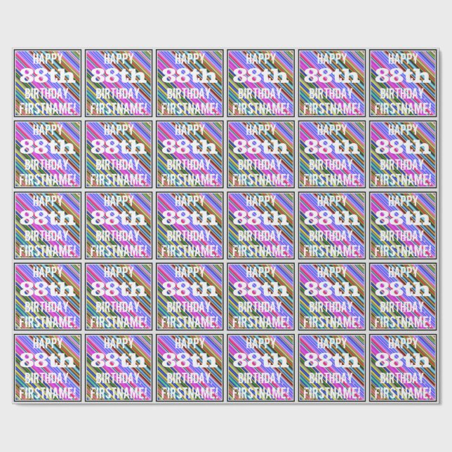Vibrant, färgstark 88:e födelsedag + anpassat namn presentpapper (Platt)