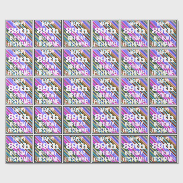 Vibrant, färgstark 89:e födelsedag + anpassat namn presentpapper (Platt)