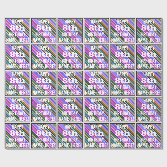 Vibrant, färgstark 8:e födelsedagen + anpassat nam presentpapper (Platt)