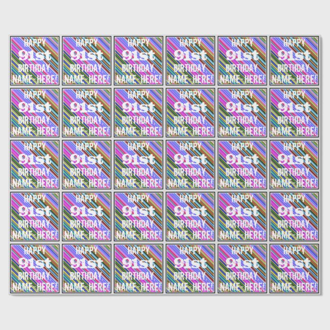 Vibrant, färgstark 91:a födelsedag + anpassat namn presentpapper (Platt)