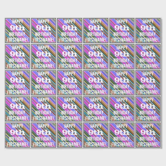 Vibrant, färgstark 9:e födelsedagen + anpassat nam presentpapper (Platt)