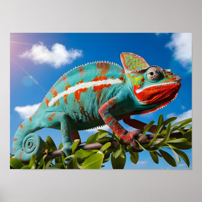 Vibrant färgstark Chameleon på blå bakgrund Poster (Framsidan)