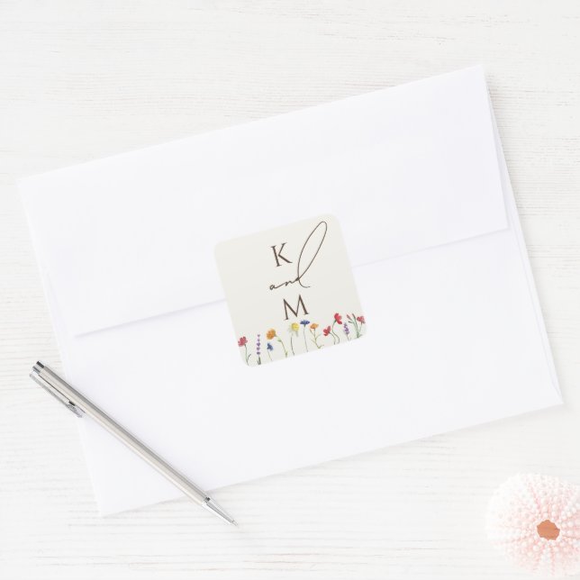 Vibrant färgstark monogram WildblommBloom Bröllop Fyrkantigt Klistermärke (Kuvert)