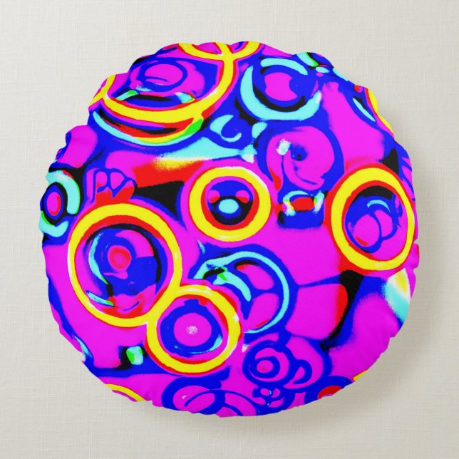 Vibrant färgstark Neon Mönster Rund Kudde (Framsidan)