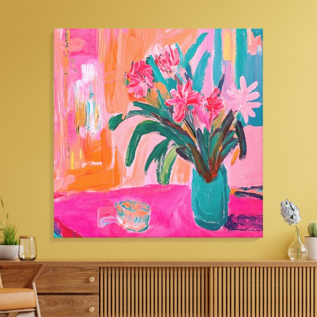 Vibrant Fauvist Vas från Rosa Flowers Canvastryck (Insitu (Vardagsrum))