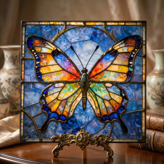 Vibrant Faux Stained Glass Butterfly Mosaic Art Kakelplatta (Skapare uppladdad)