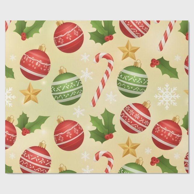Vibrant Festive Christmas Ornaments and Candy Cane Presentpapper (Platt)