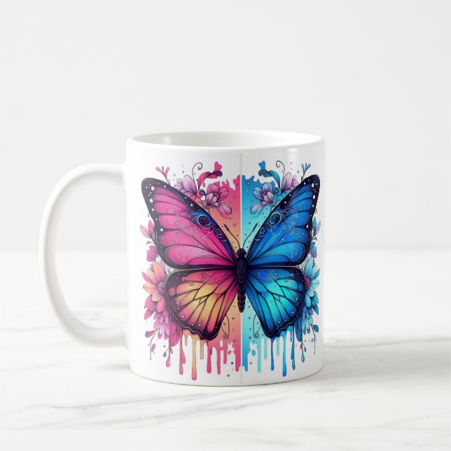 Vibrant fjärilskonst: Övertonat Vingar, Blommigtar Kaffemugg (Vänster)