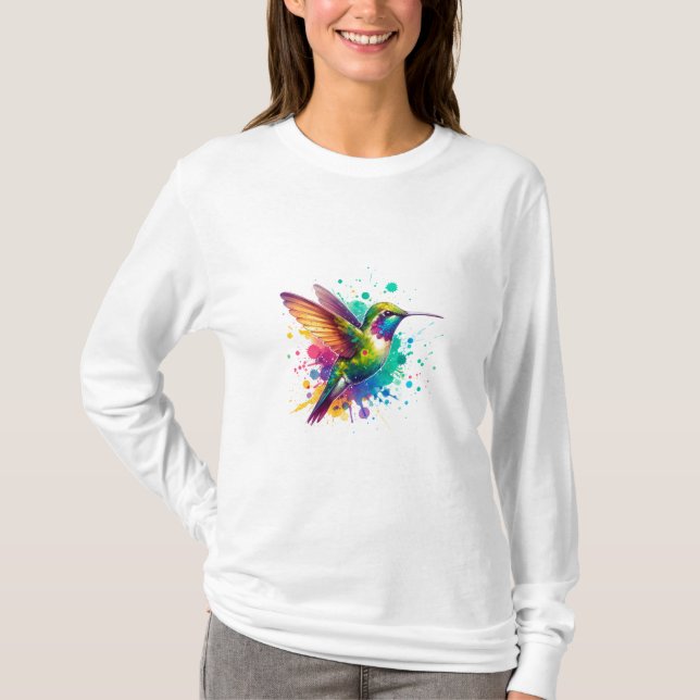 Vibrant Flight – Watercolor Hummingbird Explosion  T Shirt (Framsida)