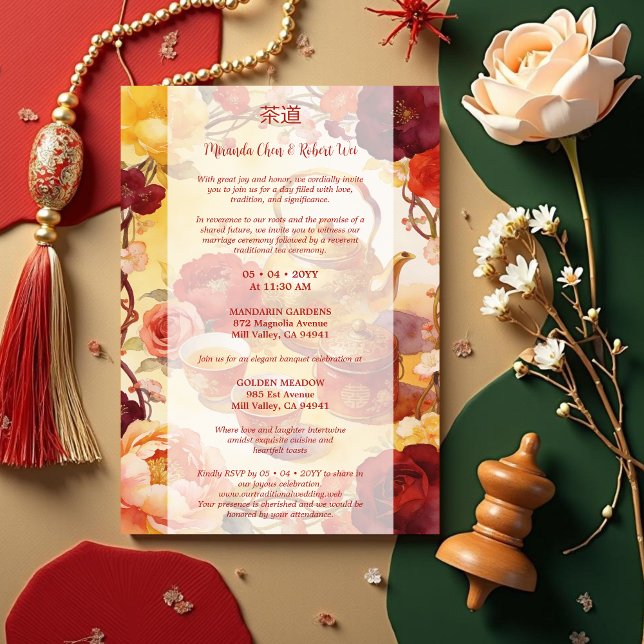 Vibrant Floral Chinese Tea Ceremony Wedding Inbjudningar (Colorful Chinese Tea Ceremony Wedding Invitation Cadrs.)