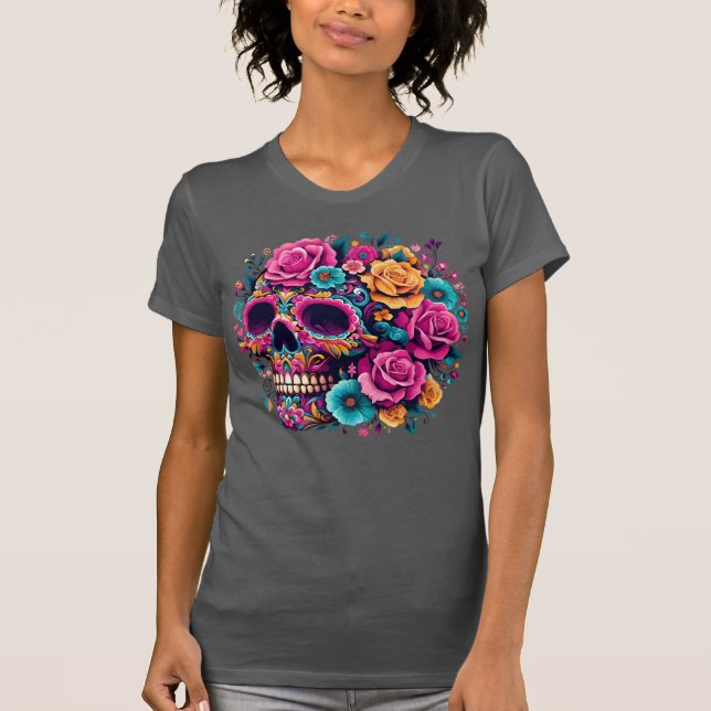 Vibrant Floral Day of the Dead Skull T Shirt (Framsida)