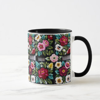 Vibrant Floral Embroidery Quartet on Black Mugg