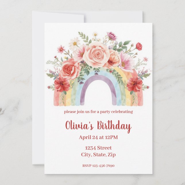 Vibrant Floral Rainbow Watercolor Birthday Party (Framsida)