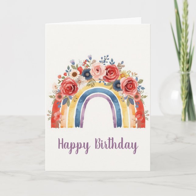 Vibrant Floral Rainbow Watercolor Happy Birthday Kort (Framsida)