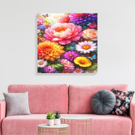 Vibrant Floral Symphony with Butterflies Canvastryck