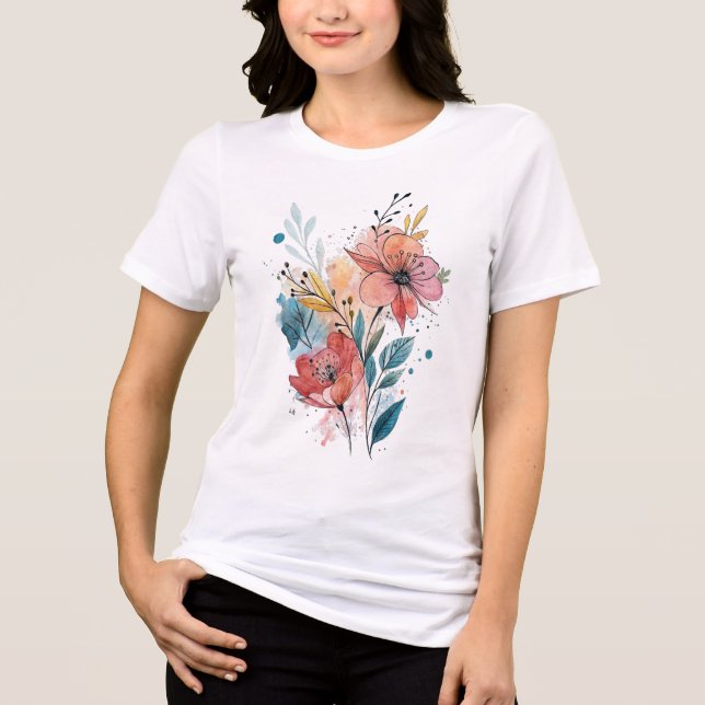 Vibrant Floral Watercolor Design T Shirt (Framsida)