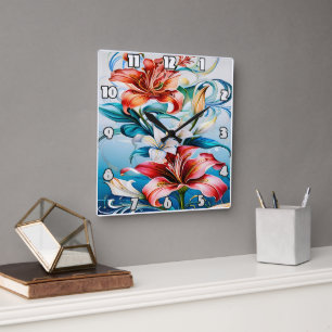 Vibrant Flowers i Bloom, omgiven av snurrar Fyrkantig Klocka