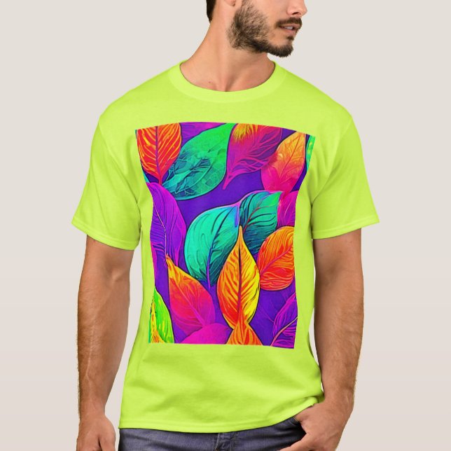 Vibrant Foliage: Tecknad Neon T Shirt (Framsida)