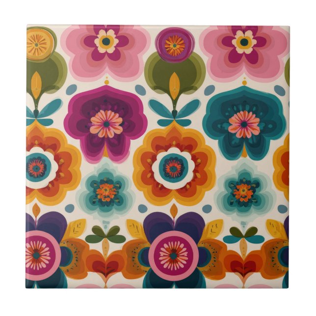 Vibrant Folk Art Flowers 70s Retro-Blommönster Kakelplatta (Framsidan)