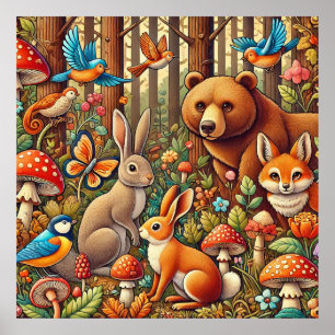 Vibrant Forest Scene med vilda djur Poster