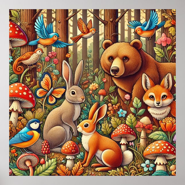 Vibrant Forest Scene med vilda djur Poster (Framsidan)