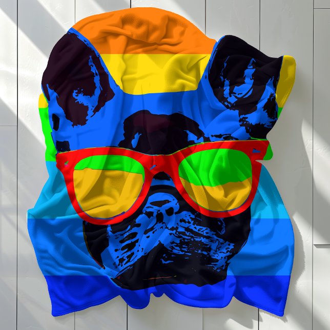 Vibrant Fransk Bulldog Sunglasses Pop Art Fleecefilt (Vibrant French Bulldog Sunglasses Pop Art Fleece Blanket)
