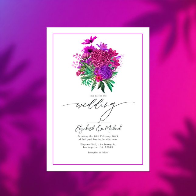 Vibrant Fuchsia Modern Bröllop Photo QR-kod Inbjudningar (Vibrant Fuchsia Modern Wedding Photo QR Code Invitation)