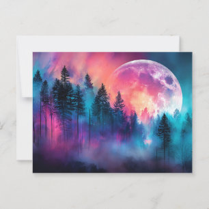 Vibrant Full Moon Stigning över en Dreamlike Fores Vykort