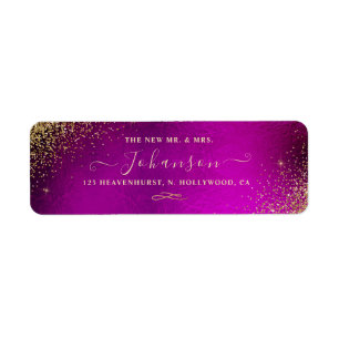 Vibrant Fuschia+Faux Guld Glitter Returadress Etikett
