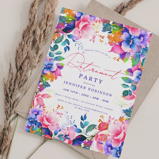 Vibrant Garden Blommigt Pension Party Inbjudningar (Vibrant Garden Floral Retirement Party Invitation)