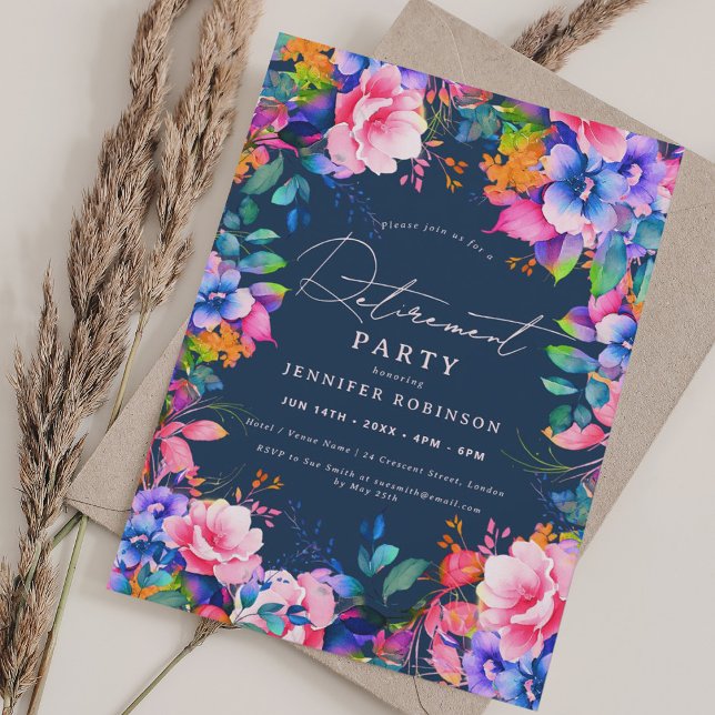 Vibrant Garden Blommigt Pension Party Inbjudningar (Vibrant Garden Floral Retirement Party Navy Blue Invitation)