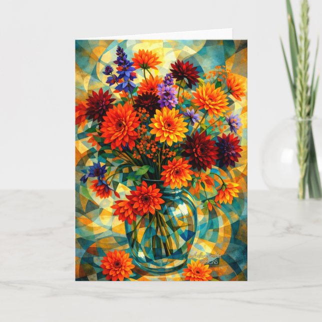 Vibrant Geometric Dahlia Bouquet Kort (Framsida)