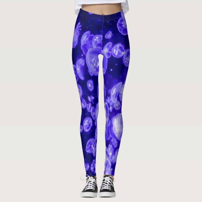 Vibrant Glowing Nautical Jellyfish Svarmt Leggings (Framsida)