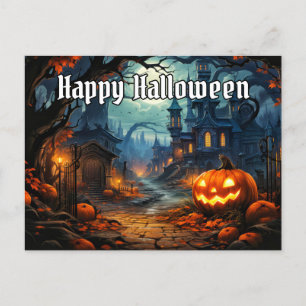 Vibrant Glowing Spooky Pumpkin Happy halloween Vykort
