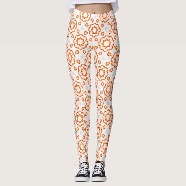 Vibrant Golden Orange Geometric Floral Leggings (Framsida)