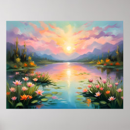 Vibrant Golden Sunset over Tranquil Sjö Poster
