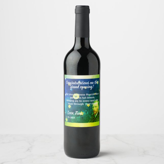 Vibrant Green & Blue Editable VAN GOCH Vinflaska Etikett (Framsida)