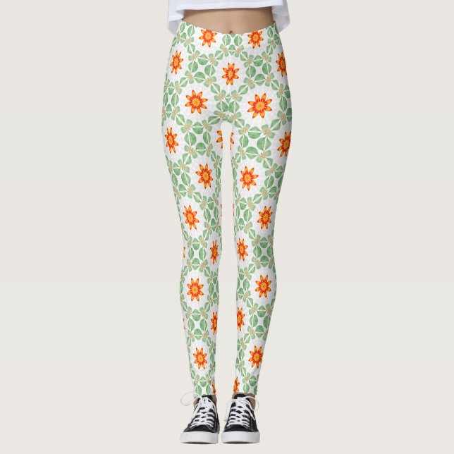 Vibrant Green & Orange Floral Leaf Pattern Legging (Framsida)