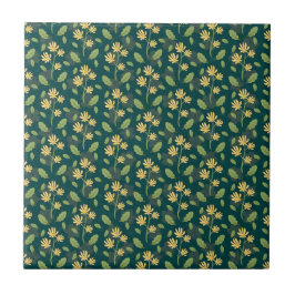 Vibrant Green Pattern with Yellow Flowers & Leaves Kakelplatta