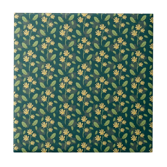 Vibrant Green Pattern with Yellow Flowers & Leaves Kakelplatta (Framsidan)