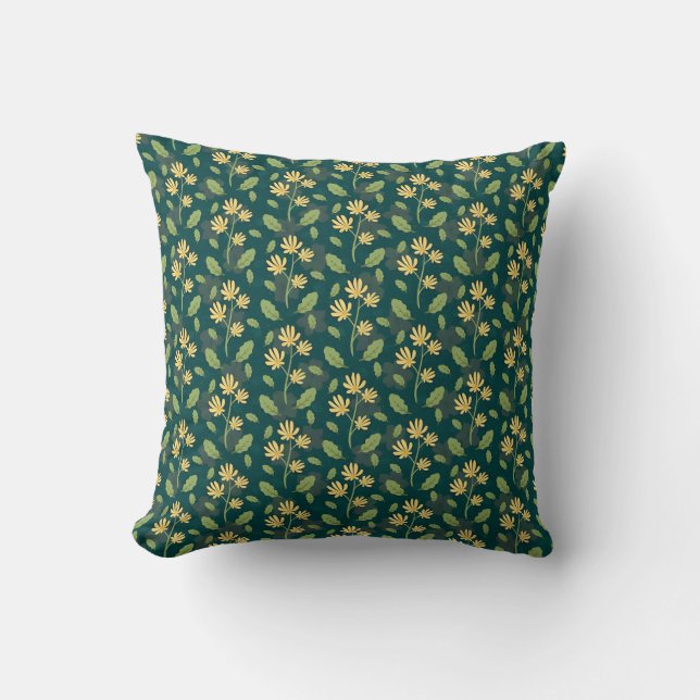 Vibrant Green Pattern with Yellow Flowers & Leaves Kudde (Framsida)